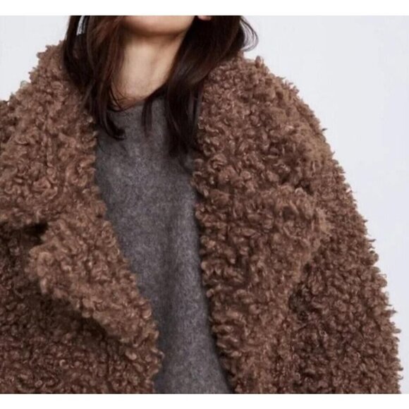 New Zara Outerwear Brown Fluffy Teddy Bear Curly Faux Fur Jacket Coat - Picture 7 of 12